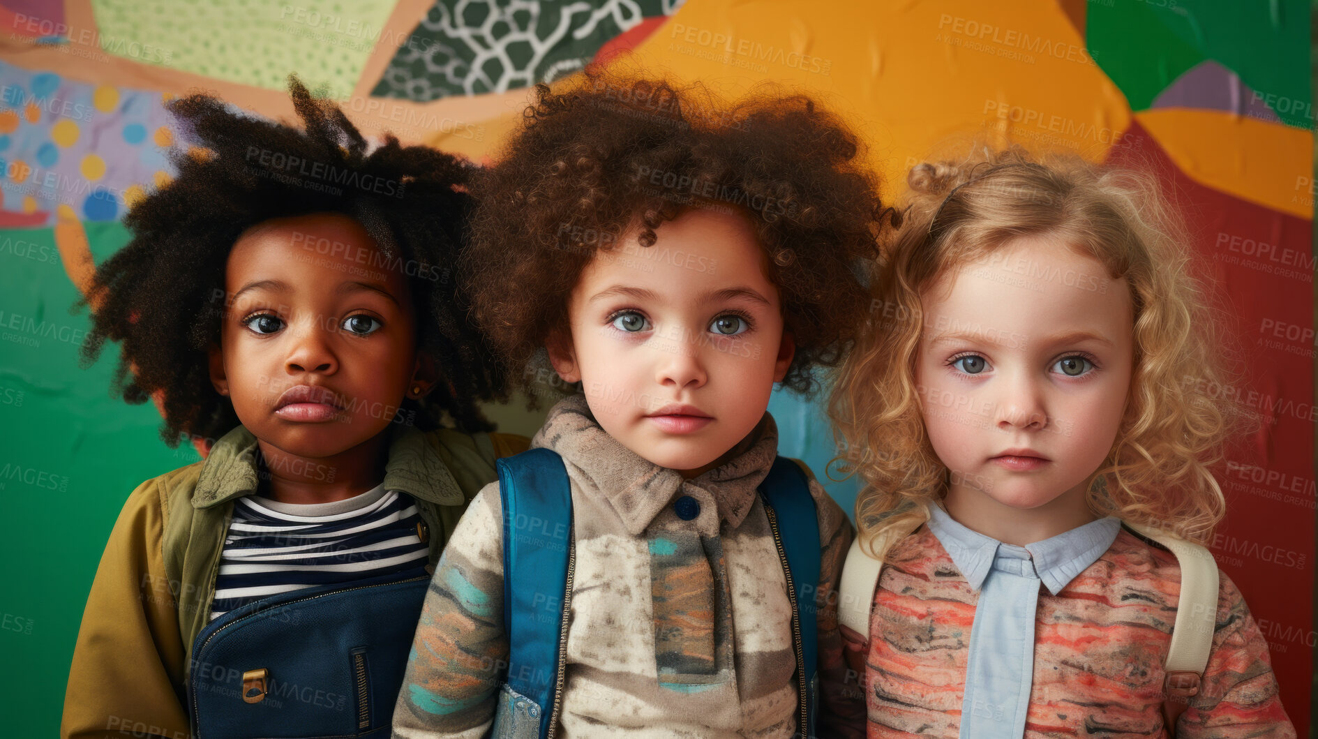 Buy stock photo Portrait of diverse toddlers posing against a colorful wall at kindergarten or preschool