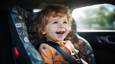 Buy stock photo Toddler child sitting in car seat. Portrait of a child strapped in car seat for safety concept