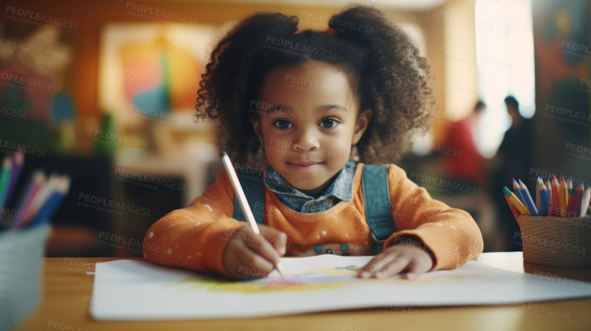 Buy stock photo Portrait of a toddler girl sitting at a desk at kindergarten. Preschool and eduction