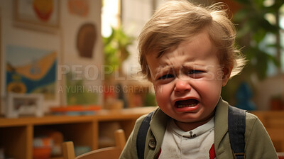 Buy stock photo Toddler sitting and crying at kindergarten. Sad unhappy baby boy crying to go home.