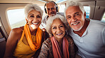 Mature friend group on first class private jet. Luxury vacation travel concept.