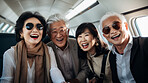 Mature friend group on first class private jet. Luxury vacation travel concept.