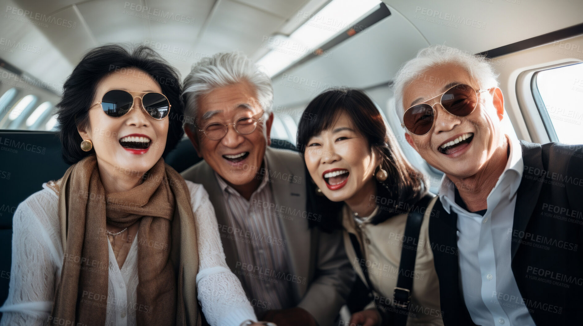 Buy stock photo Mature friend group on first class private jet. Luxury vacation travel concept.