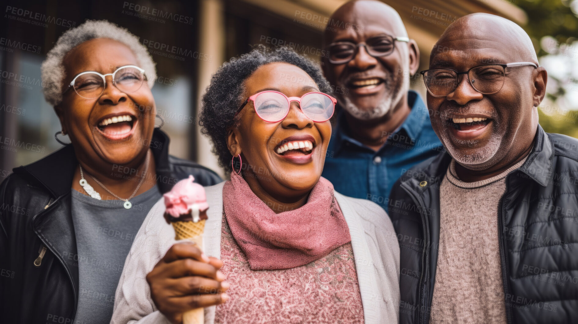 Buy stock photo Senior friend group with icecream. Fun retirement birthday activity