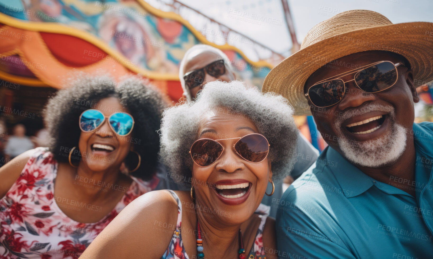 Buy stock photo Senior friend group at amusement park. Rides, food, fun retirement activity