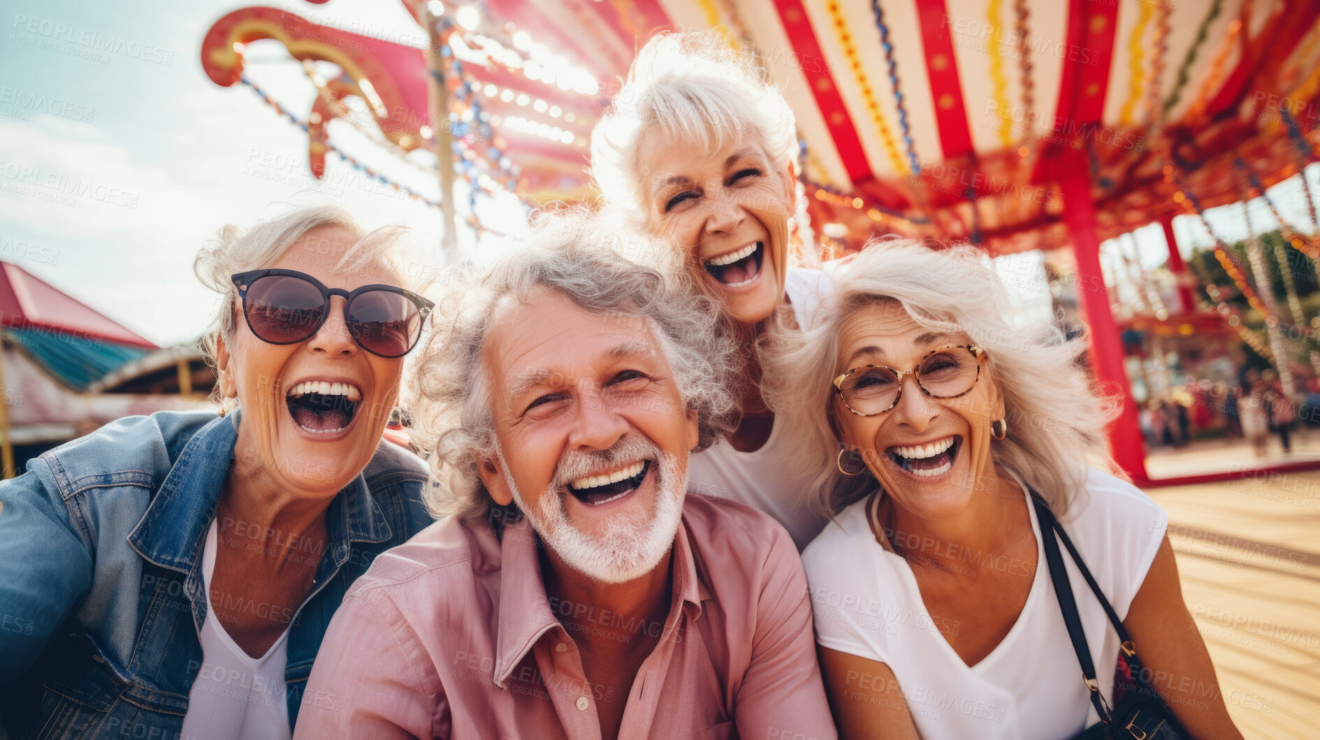 Buy stock photo Senior friend group at amusement park. Rides, food, fun retirement activity