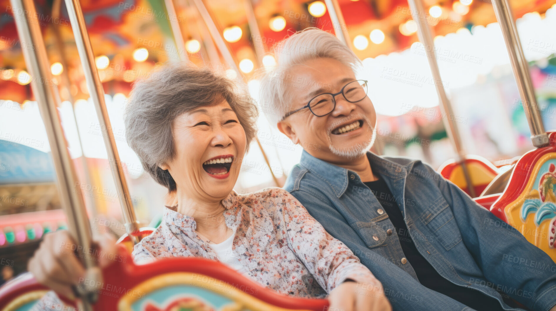 Buy stock photo Senior couple at amusement park. Rides, food, fun retirement activity