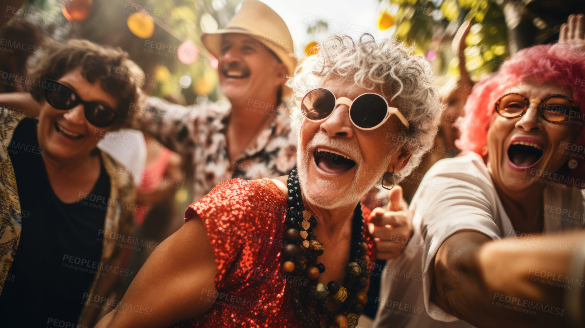 Buy stock photo Senior friend group dancing. Fun retirement home birthday activity