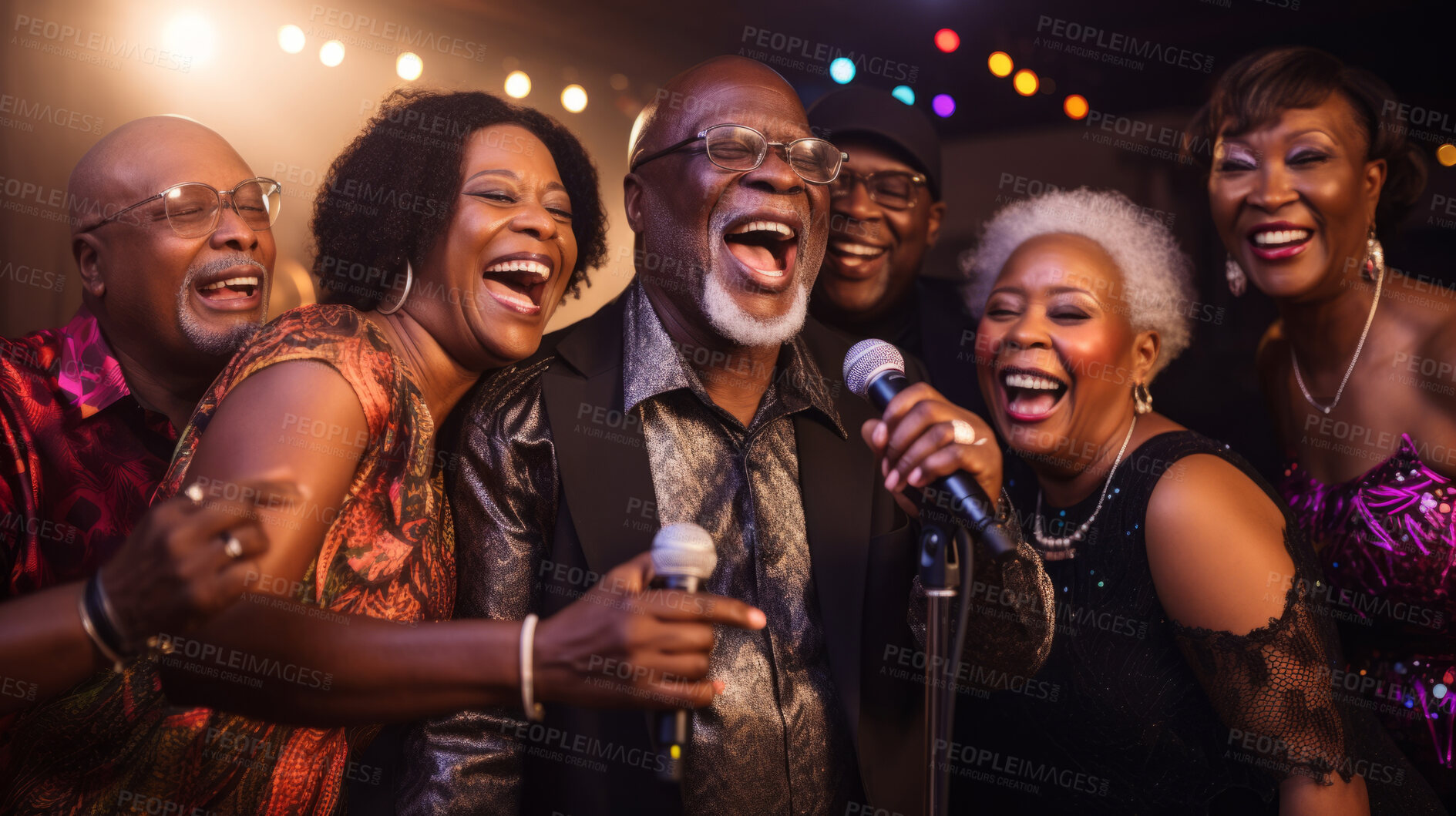 Buy stock photo Senior friend group singing karaoke. Fun retirement birthday activity