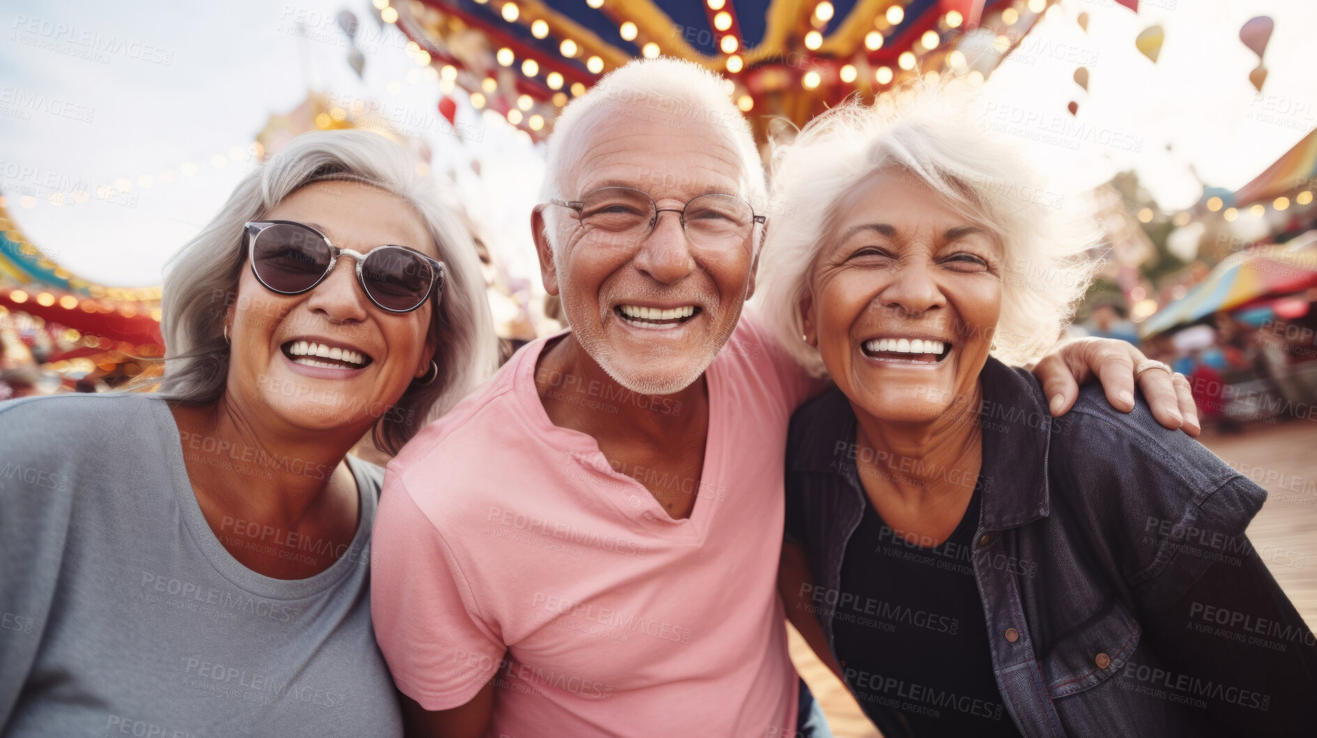 Buy stock photo Senior friend group at amusement park. Rides, food, fun retirement activity