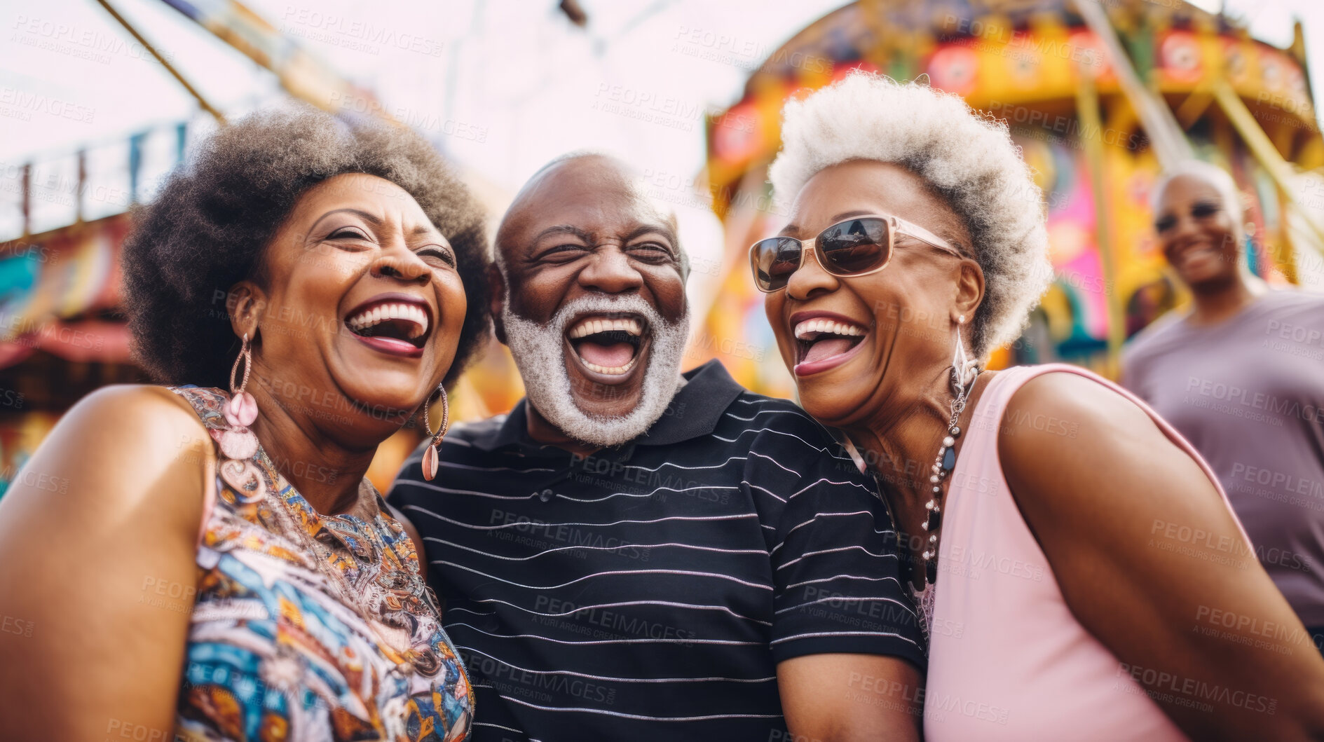 Buy stock photo Senior friend group at amusement park. Rides, food, fun retirement activity