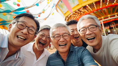 Buy stock photo Senior friend group at amusement park. Rides, food, fun retirement activity