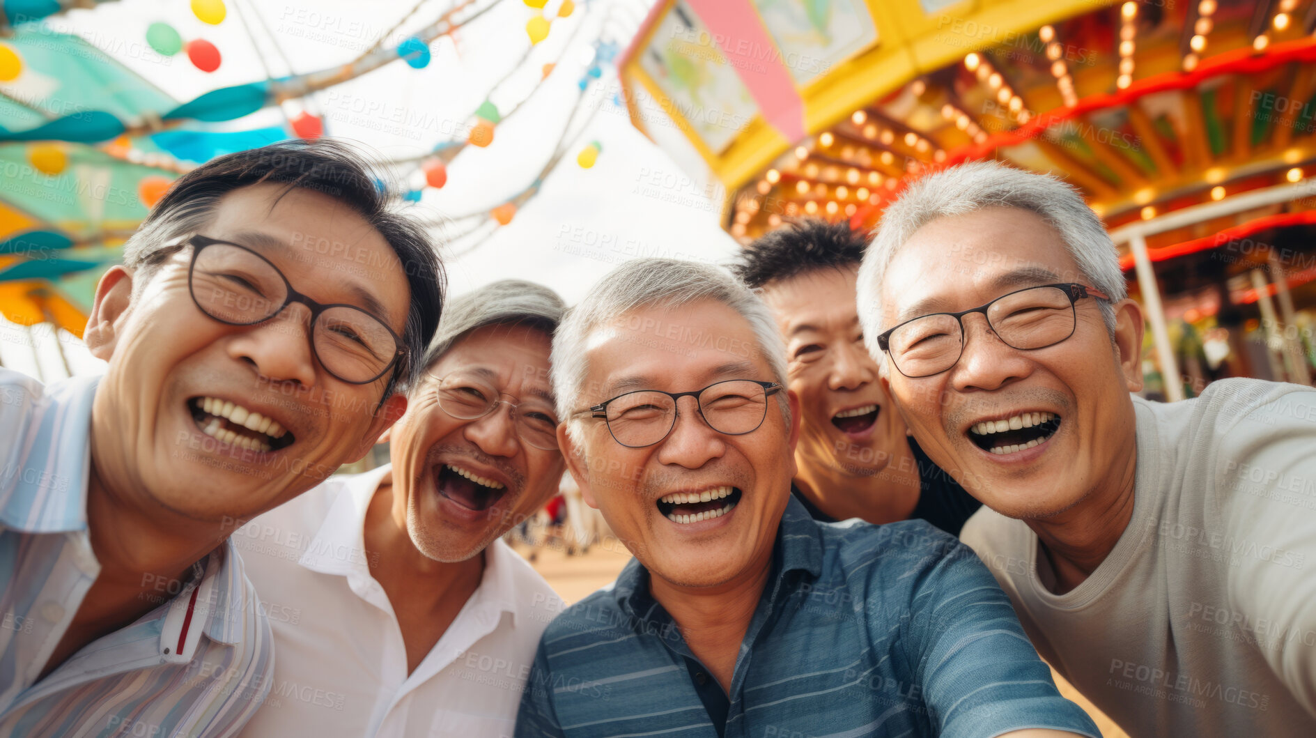 Buy stock photo Senior friend group at amusement park. Rides, food, fun retirement activity