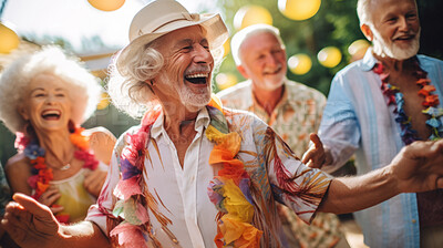 Senior friend group dancing. Fun retirement home birthday activity