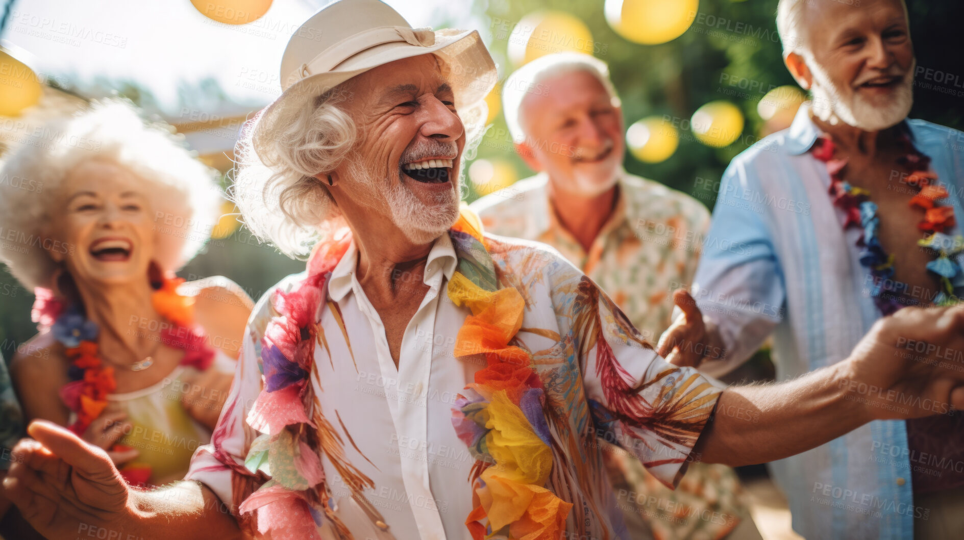 Buy stock photo Senior friend group dancing. Fun retirement home birthday activity