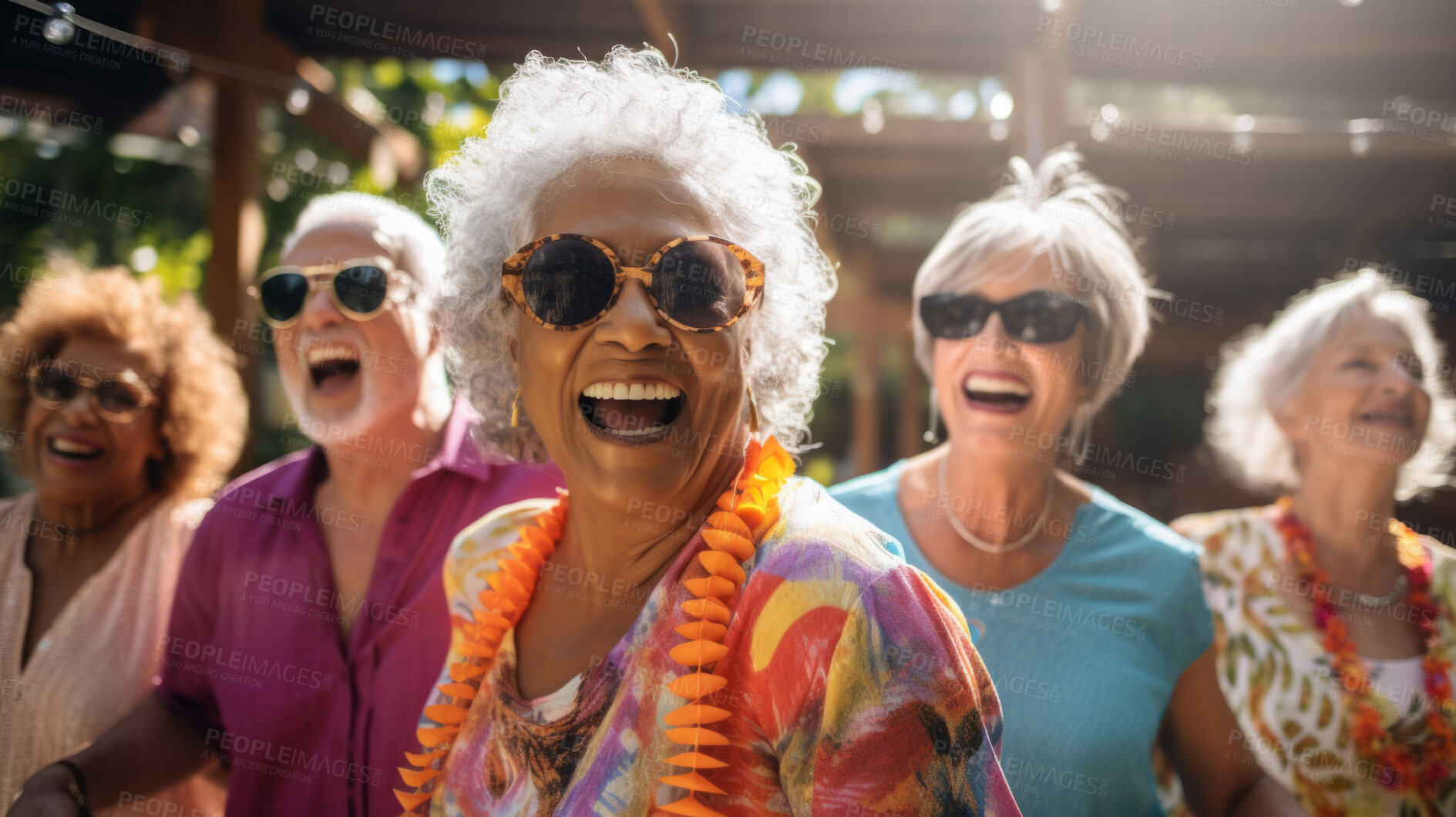 Buy stock photo Senior friend group dancing. Fun retirement home birthday activity