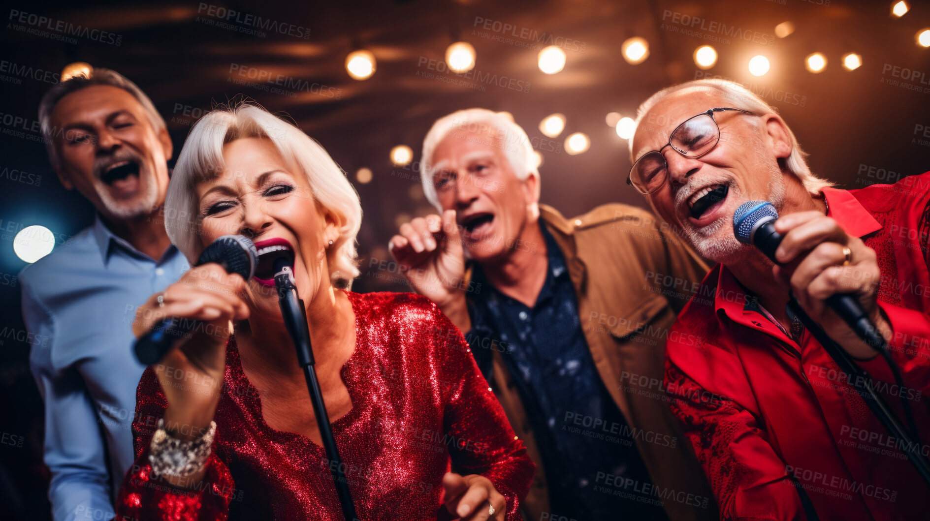 Buy stock photo Senior friend group singing karaoke. Fun retirement birthday activity