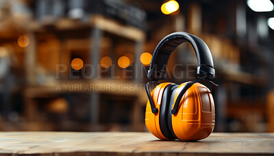 Buy stock photo Orange earmuffs on table in workshop. Safety, construction concept.