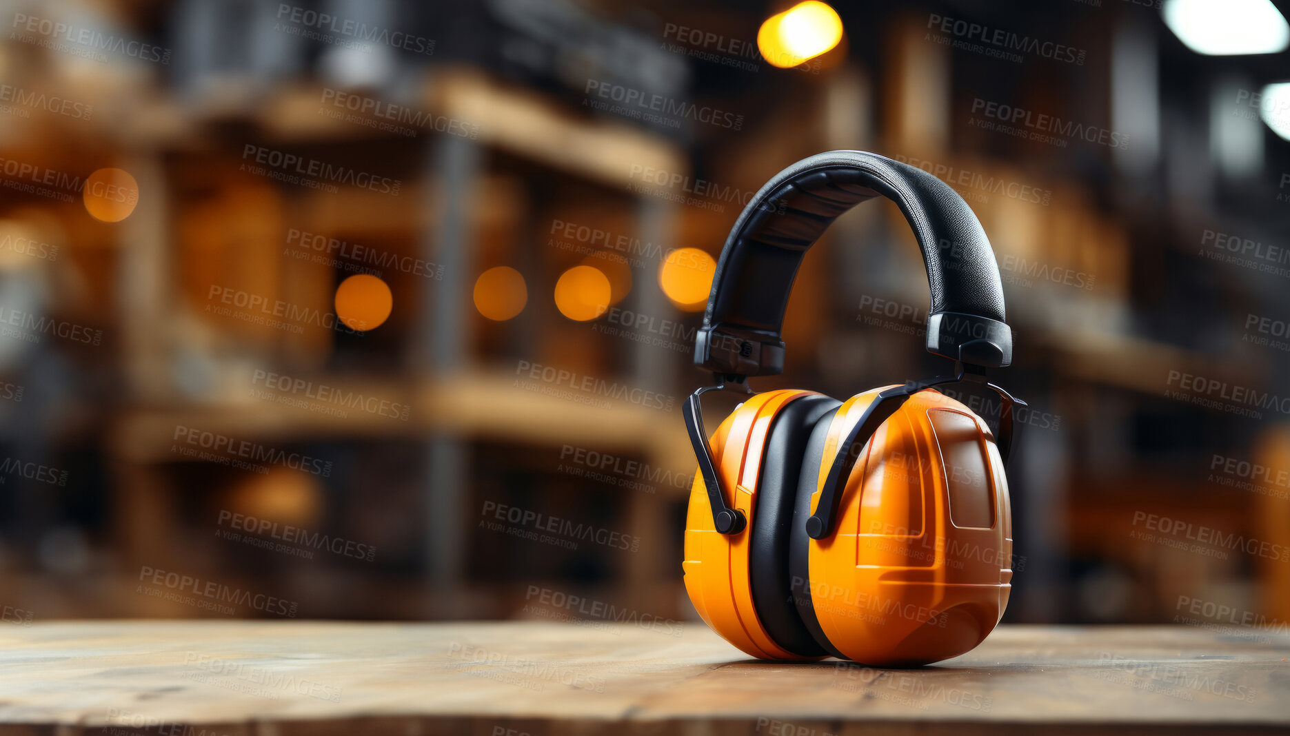 Buy stock photo Orange earmuffs on table in workshop. Safety, construction concept.