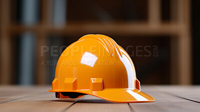 Orange hard hat, helmet on table in workshop. Construction, labour day concept.
