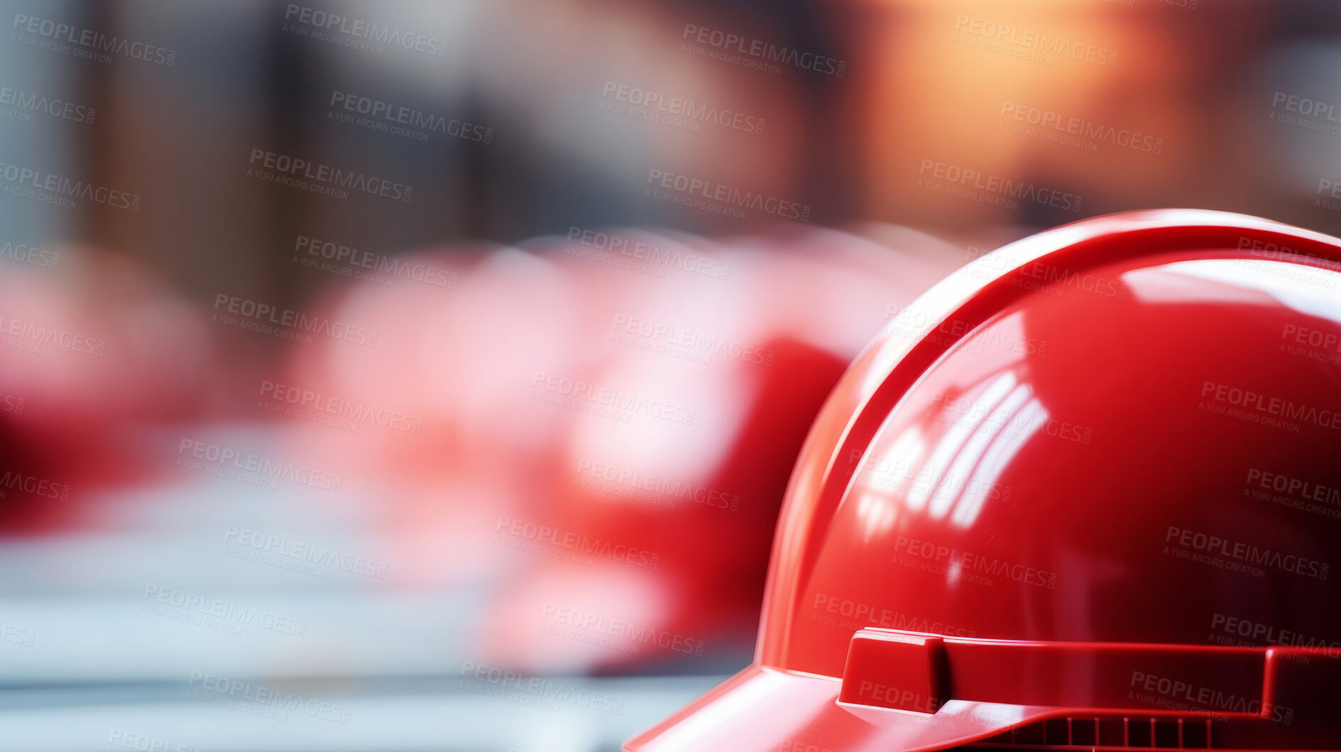 Buy stock photo Close up of red hard hat, helmet on factory floor. Construction, labour day concept.