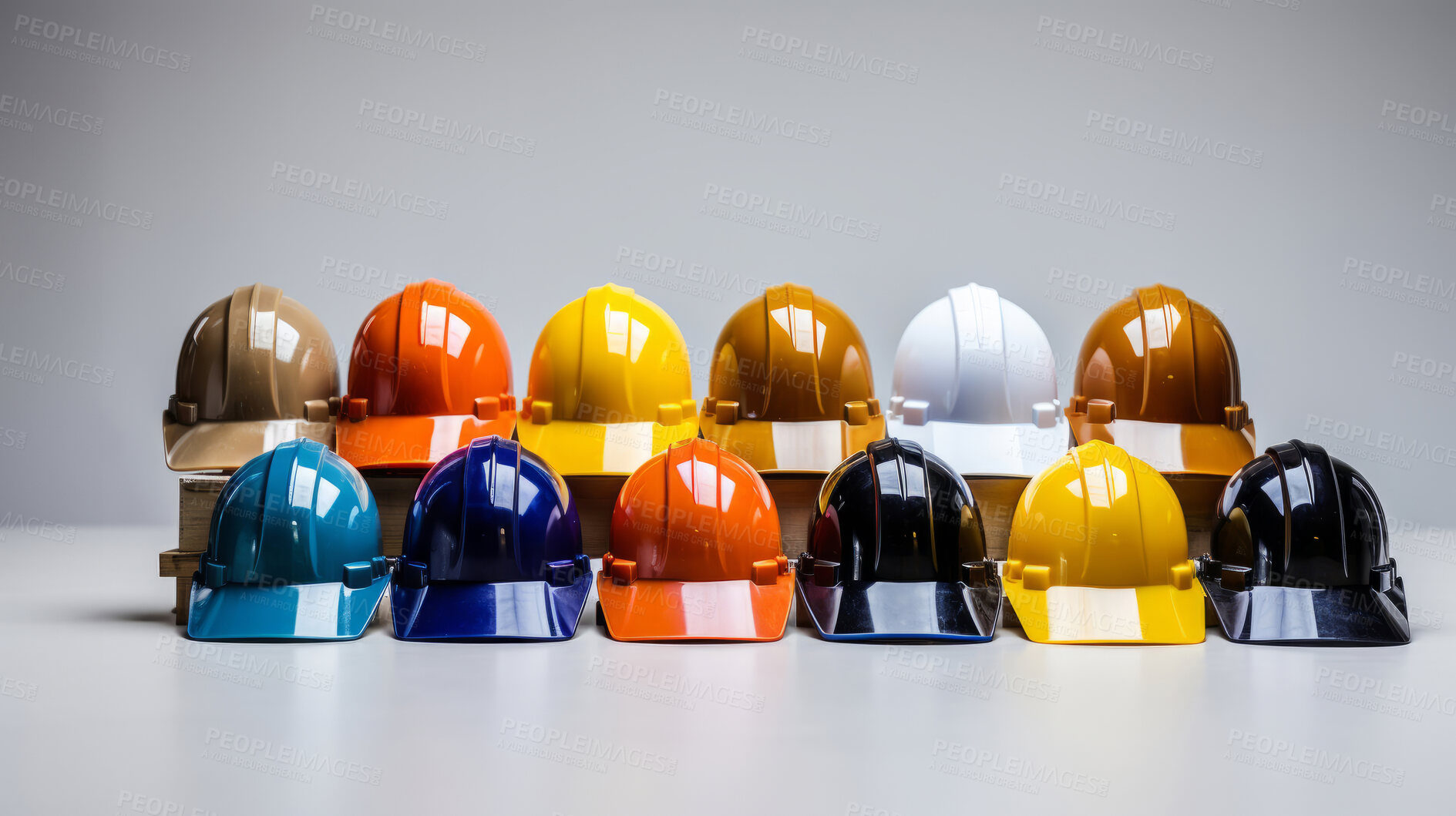 Buy stock photo Studio shot of multi-colour hard hats on clear backdrop.
Construction, labour day concept.