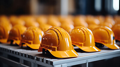 Close-up of yellow hard hat, helmet on factory table. Construction, labour day concept.