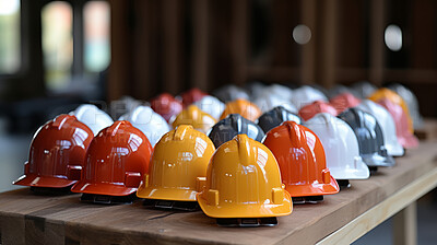 Multi-colour hard hats, helmets on factory table. Construction, labour day concept.