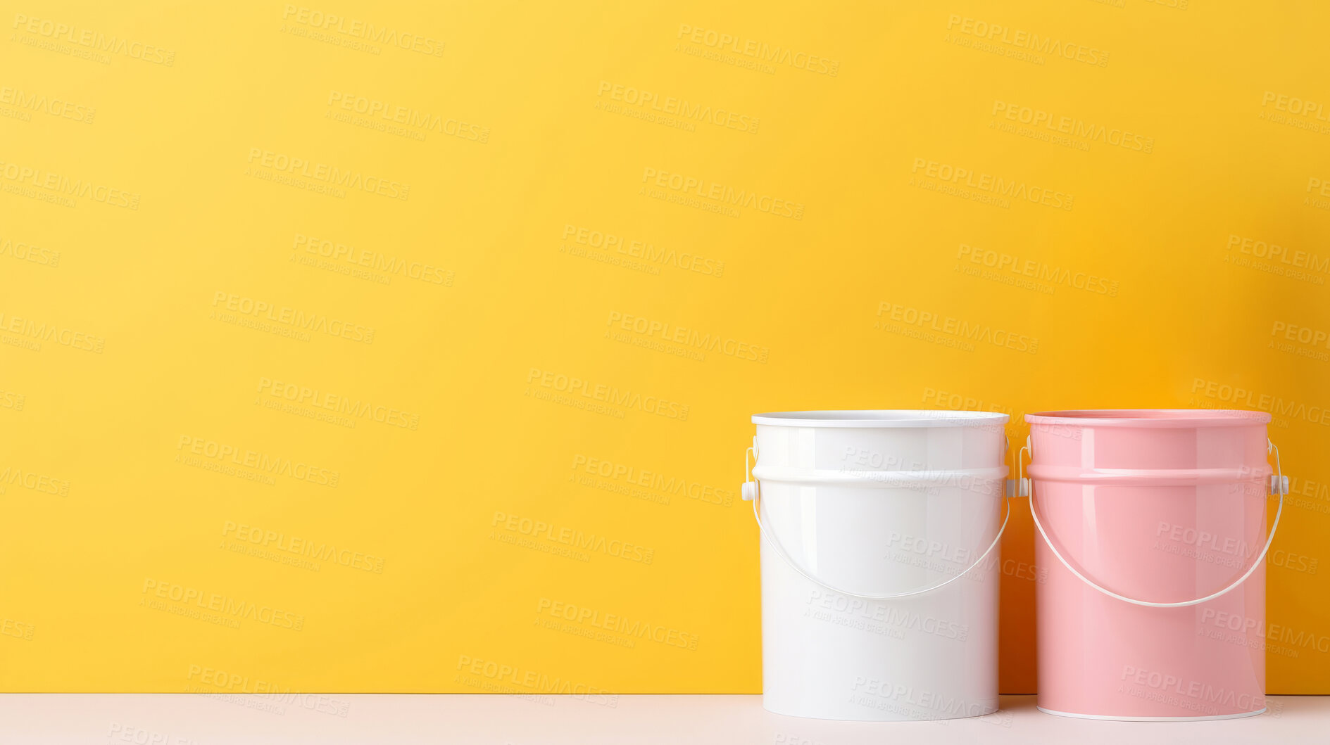 Buy stock photo Paint buckets against yellow wall. Copy space. DIY renovation concept.