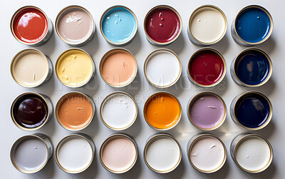 Top view of open multiple paint tins stacked in rows. Construction, diy concept.