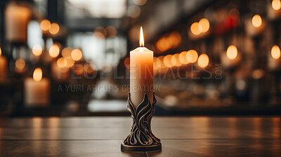 Buy stock photo Close up of candle burning on table. Copy space. Religion and faith concept.