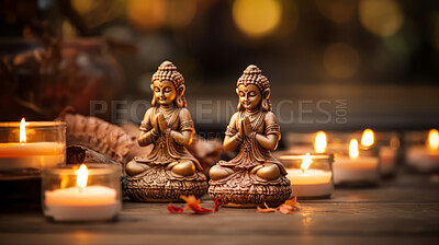 Buy stock photo Close-up of buddha  statues and candles. Meditation, religion concept.