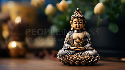 Buy stock photo Close-up of bronze colour buddha on table. Copy space. Meditation, religion concept.