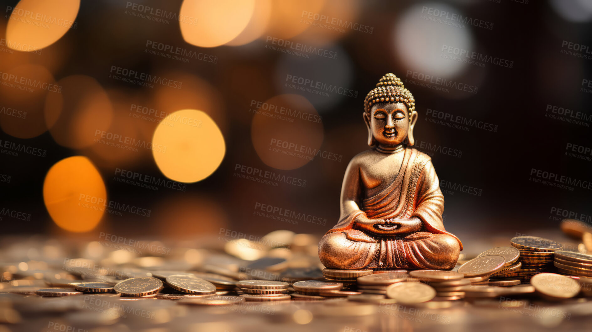 Buy stock photo Close-up of bronze colour buddha on table. Surrounded by coins. Meditation, religion concept.