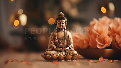 Buy stock photo Close-up of  buddha with vibrant colour and flowers. Meditation, religion concept.