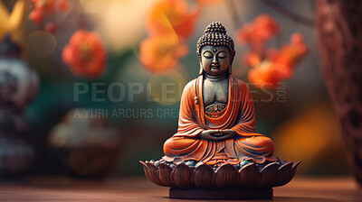 Buy stock photo Close-up of  buddha with vibrant colour and flowers. Meditation, religion concept.