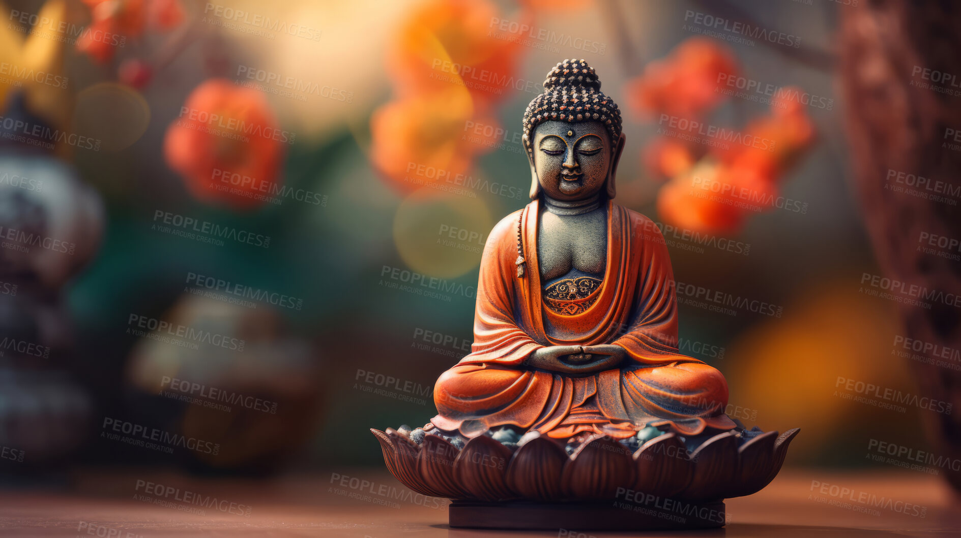 Buy stock photo Close-up of  buddha with vibrant colour and flowers. Meditation, religion concept.