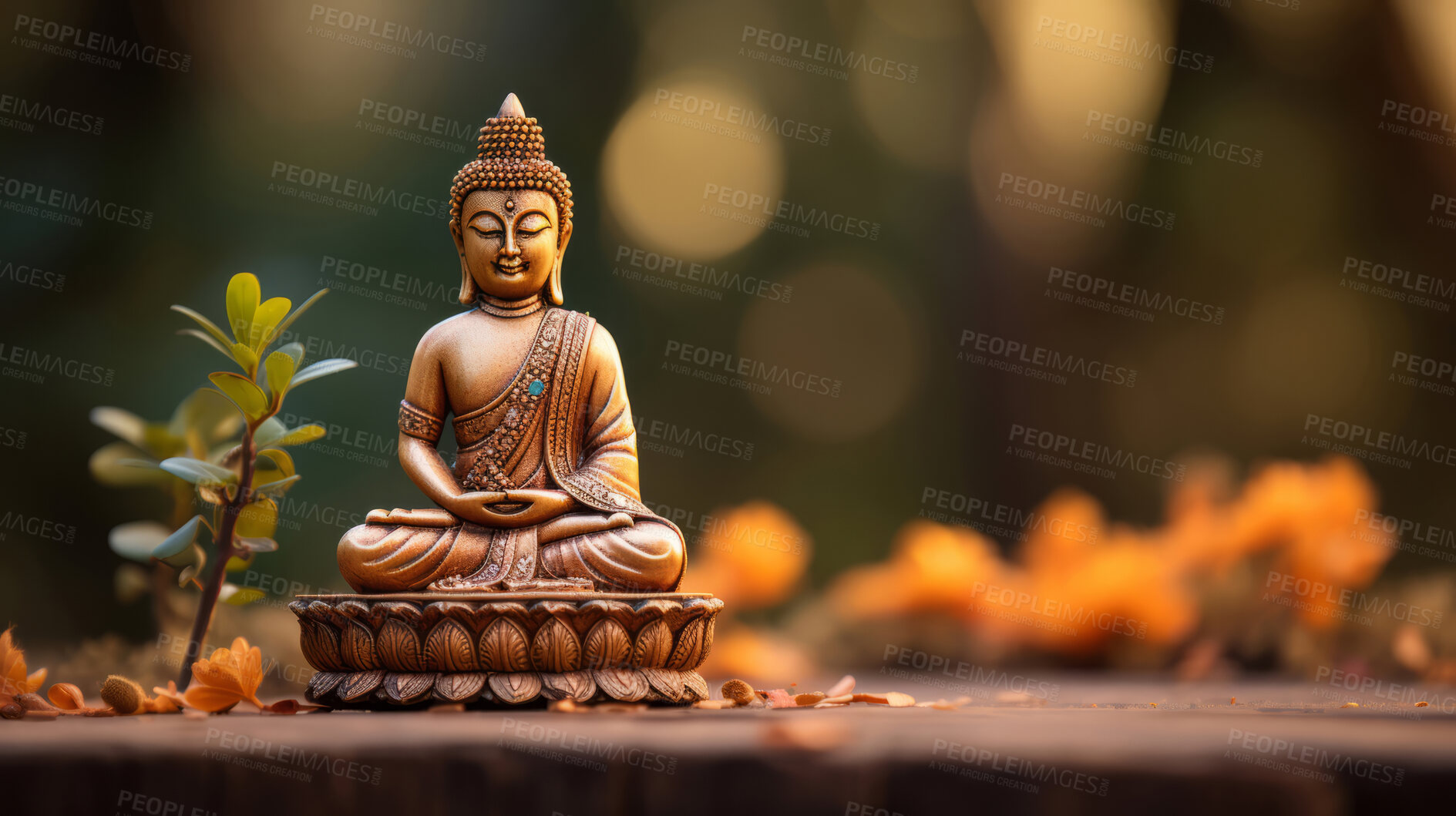 Buy stock photo Close-up of bronze colour buddha on table. Copy space. Meditation, religion concept.