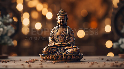 Buy stock photo Close-up of bronze colour buddha on table. Meditation, religion concept.