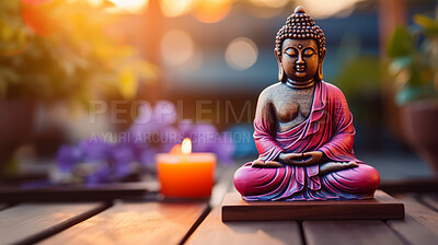 Buy stock photo Close-up of  buddha with vibrant colour and candle. Meditation, religion concept.