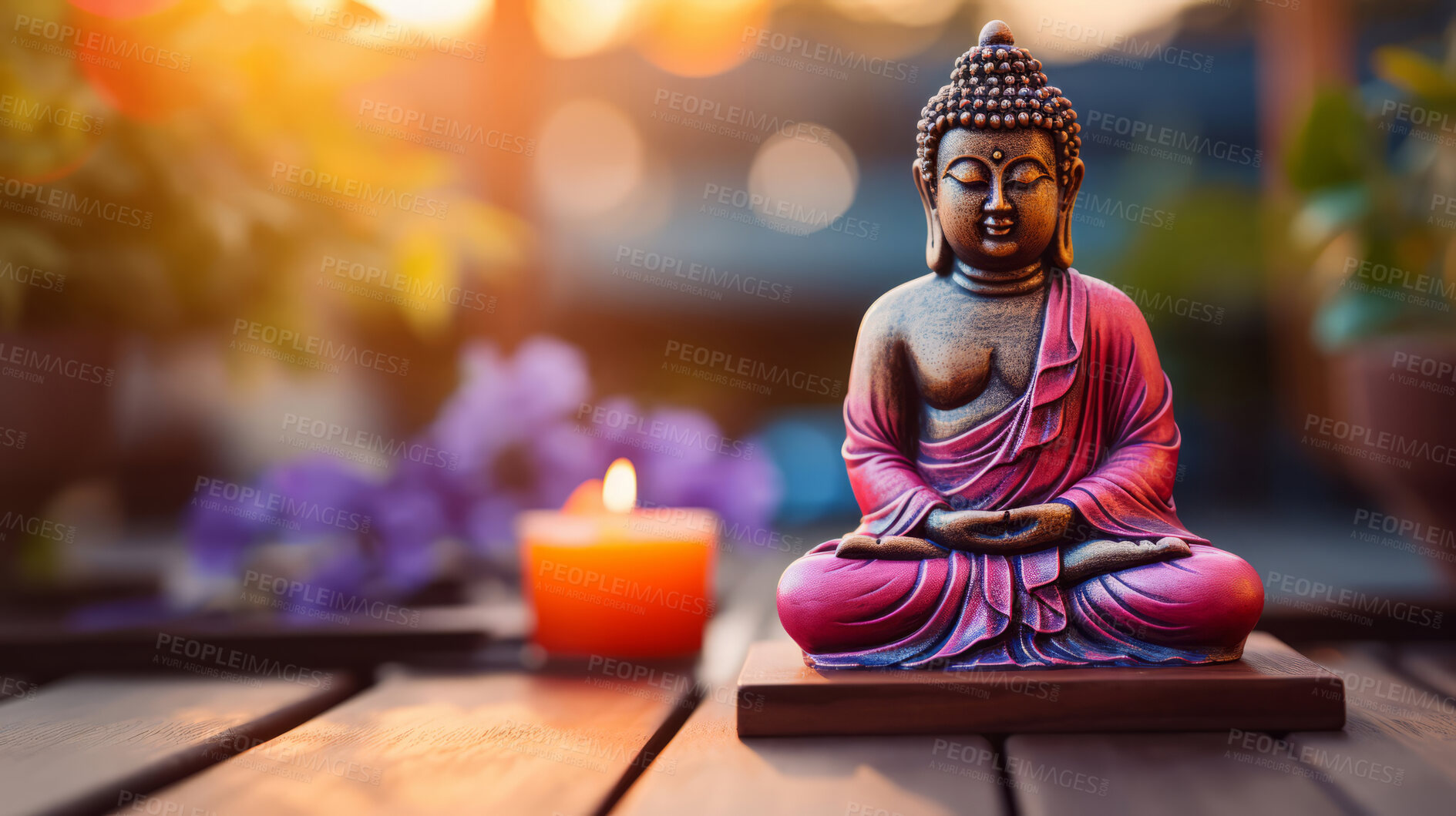 Buy stock photo Close-up of  buddha with vibrant colour and candle. Meditation, religion concept.