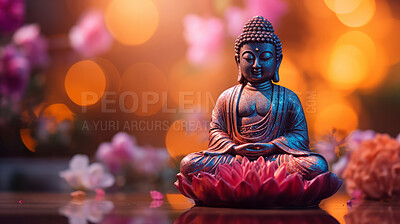 Buy stock photo Close-up of small buddha statue with vibrant colour. Meditation, religion concept.