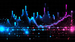 Colourful, digital financial graphs on black backdrop. Stock market concept.