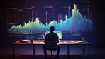 Colourful graphic illustration. Analyst with large graphs on screen. Stock market concept.