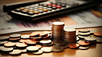 Coins on table with calculator. Stock, financial market concept.