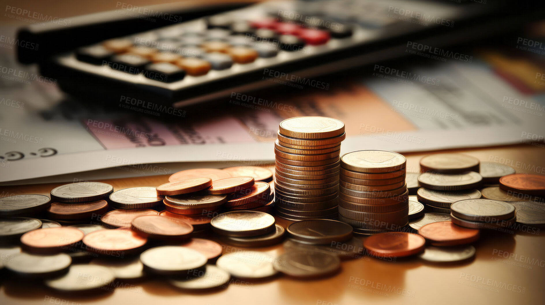 Buy stock photo Coins on table with calculator. Stock, financial market concept.