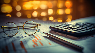 Buy stock photo Glasses on table with financial documents. City background. Stock market concept.