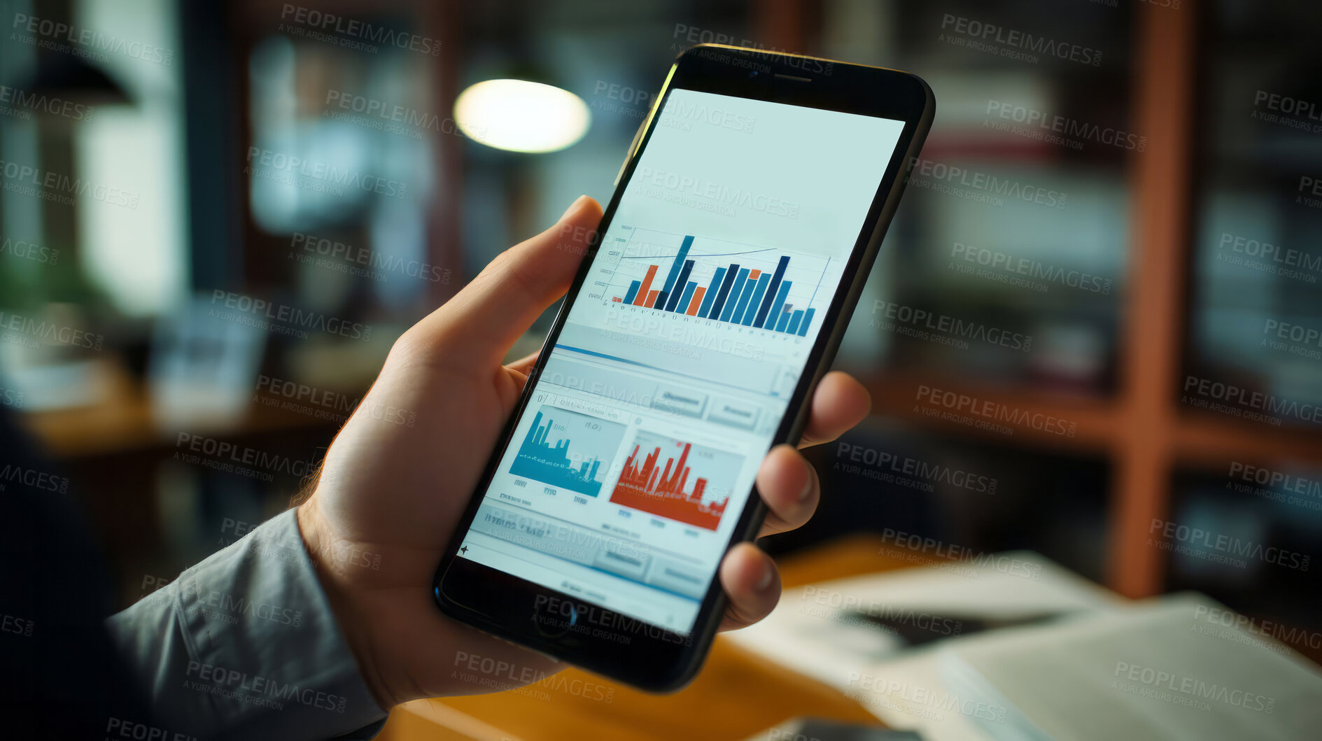 Buy stock photo Point of view shot, hand holding smartphone.Finance, stock market concept.