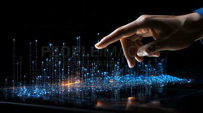 Hand touching abstract particle graphs. Financial concept.
