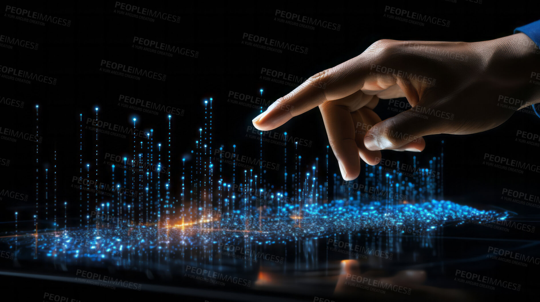 Buy stock photo Hand touching abstract particle graphs. Financial concept